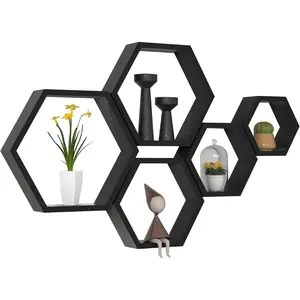 Hexagon Floating Shelves Honeycomb Shelves Wall Mounted  Farmhouse Storage Wall Shelf for Bathroom, Kitchen, Bedroom, Living Room,Driftwood Finish Decor, Black