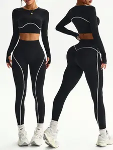 Women's Colorblock Striped Round Neck Thumb Hole Long Sleeve Running Fitness Yoga Pants Set, Sporty Workout for Outdoor Activities, Athleisure Wear Set