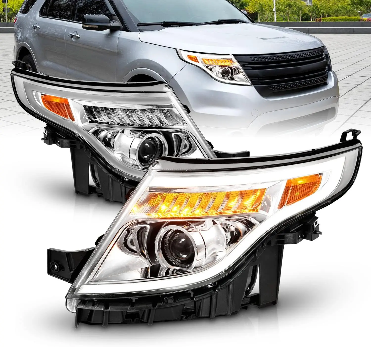 AmeriLite for 2011-2015 Ford Explorer LED Tube Signal Projector Chrome Replacement Headlight Pair - Driver and Passenger Side