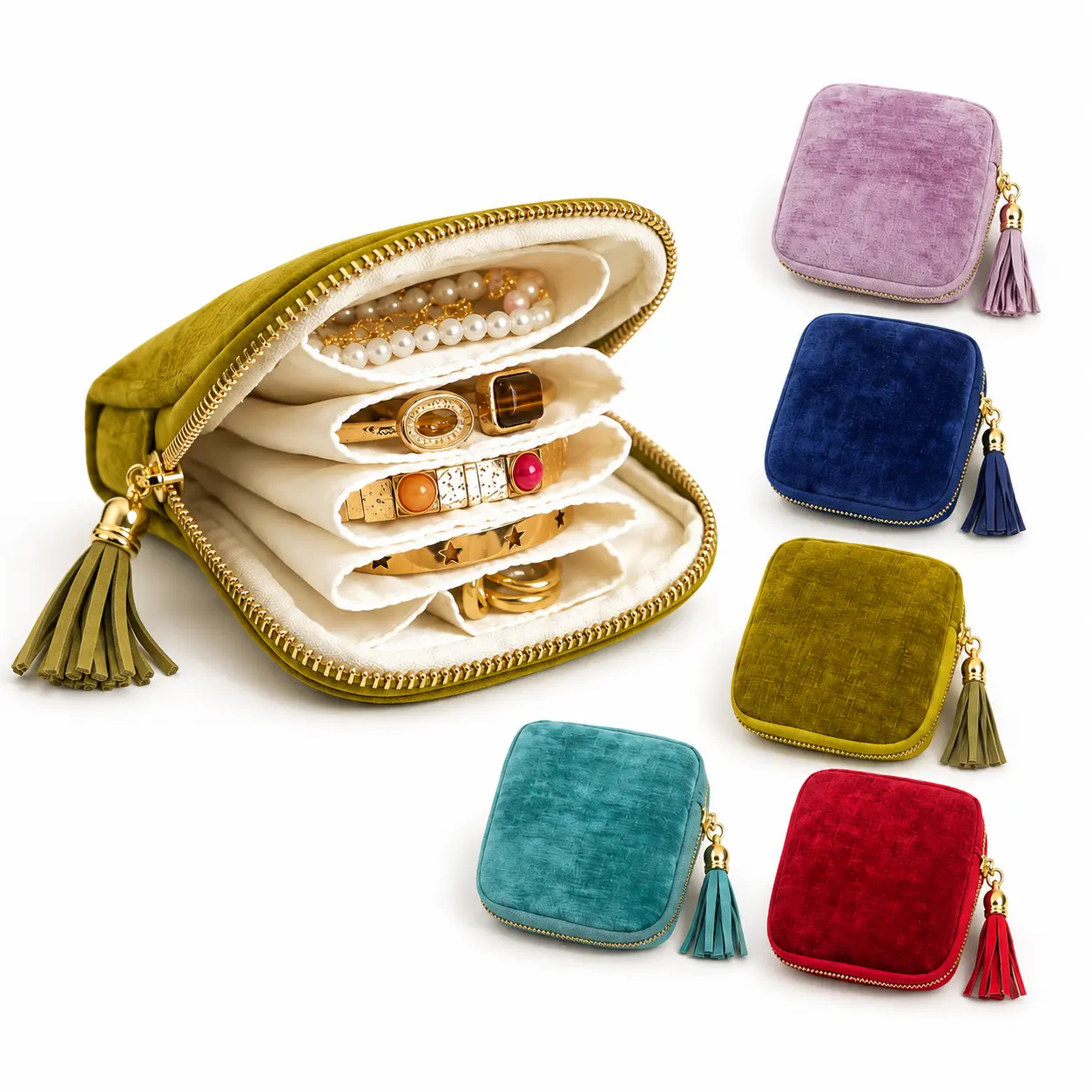 Tassel Travel Jewelry Organizer Bag for Women, Portable Zippered Jewelry Pouch with 5 Compartments, Velvet Satin Lining Small Jewelry Case for Rings, Earrings, Necklaces, Bracelets & Gifts