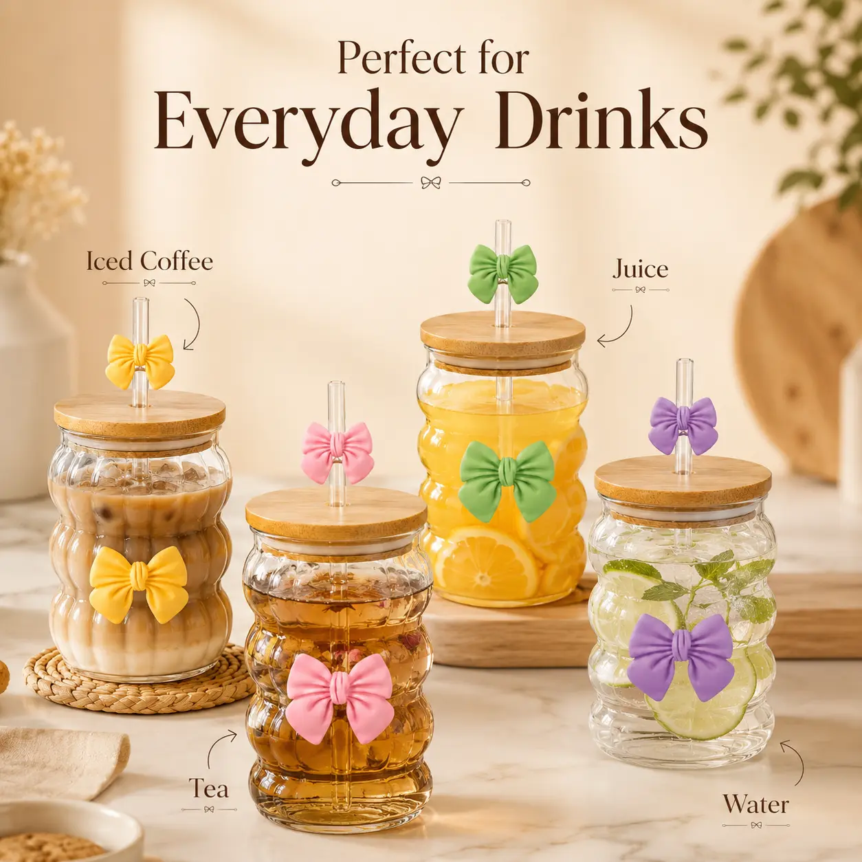 18oz(Set of 2)Ribbed Borosilicate Glass Tumbler with Bow Accent & Bamboo Lid - Leakproof, Reusable Straw Cup for Iced Coffee, Tea, Smoothies & Water - Cute Aesthetic Drinkware for Girls Mug Bottles