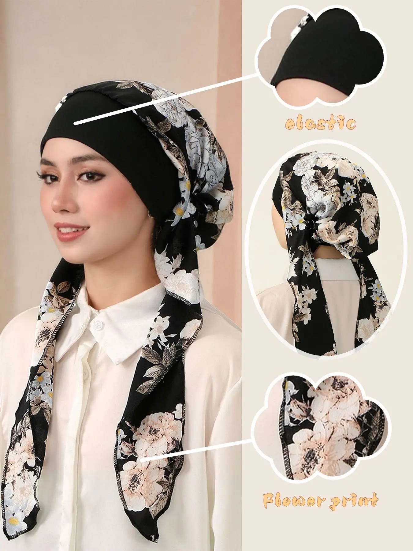 1pc Polyester Fiber Lightweight Hair Cap for Sleep, Black Floral Print Wide Brim Daily Decorative Headscarf with Comfortable Elastic Design, Easy to Care for and Hand Wash Headwear, Bonnets for Sleeping