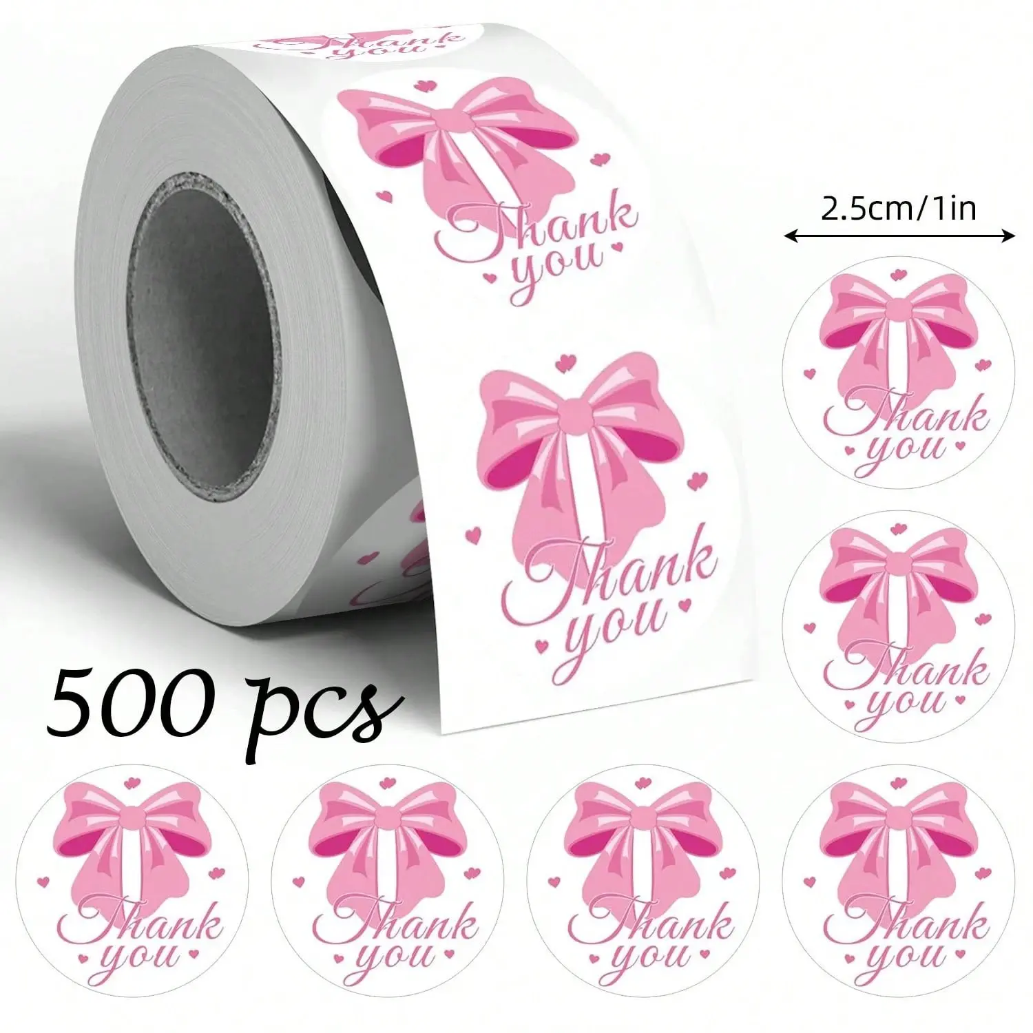 500pcs/Roll Pink Bow & Thank You Doodle Decorative Stickers, Scrapbook Materials, 1 Inch Round, Scrapbooking, Diary, DIY Decoration, Cards, Envelopes, Gift Wrapping, Holiday Parties, Birthday, Valentine's Day, Wedding Scrapbook Supplies Stationery
