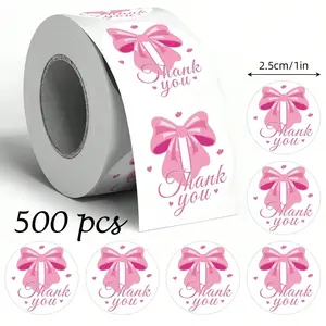 500pcs/Roll Pink Bow & Thank You Doodle Stickers, Self Adhesive Stickers, 1 Inch Round, Scrapbooking, Diary, DIY Decoration, Cards, Envelopes, Gift Wrapping, Daily Use & Holiday Parties, Birthday, Scrapbook Supplies Stationery