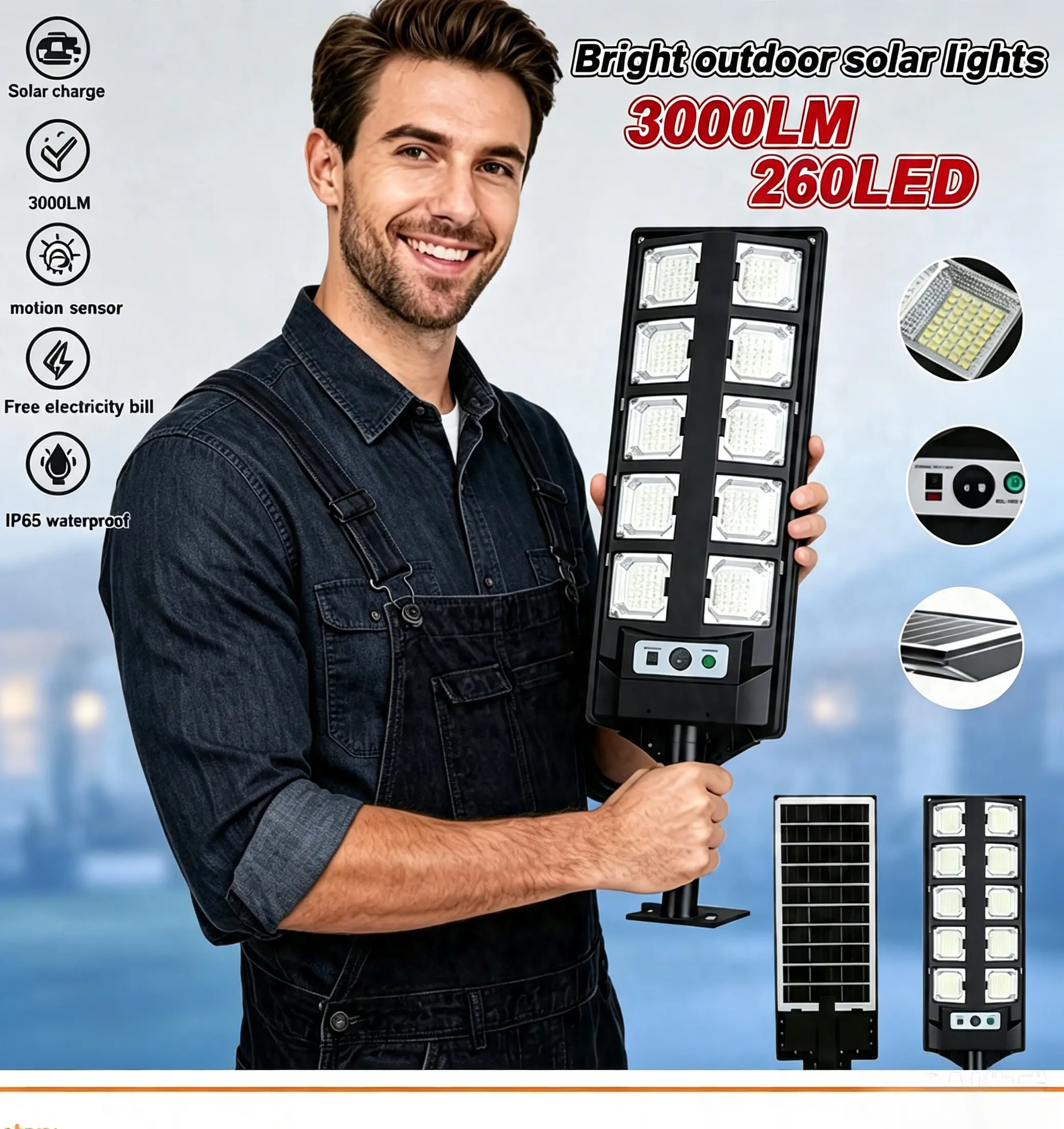 Outdoor Ultra-Bright Large Solar Street Light, Commercial Lighting Fixture, IP65 Waterproof Safety Solar Wall Light for Garden, Courtyard, Porch parking lot light farm security floodlight lamp post white mode