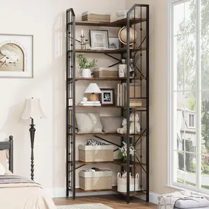 Garvee and Garvee L-Shaped Corner Bookshelves, 5-7 Tier Industrial Style Bookcases with Beaded Design, Heavy Duty Storage and Display Racks for Living Room, Bedroom, Office, Available in Brown and Black, Sizes up to 86"