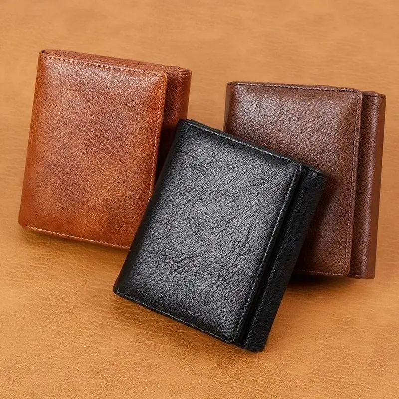 Unisex Genuine Cowhide Leather Slim Compact RFID-Protected Trifold Business Fashion Wallet - 2 ID Slots, 2 Card Slots - Ideal for Business Casual Outfits, Camping Hiking Wallets