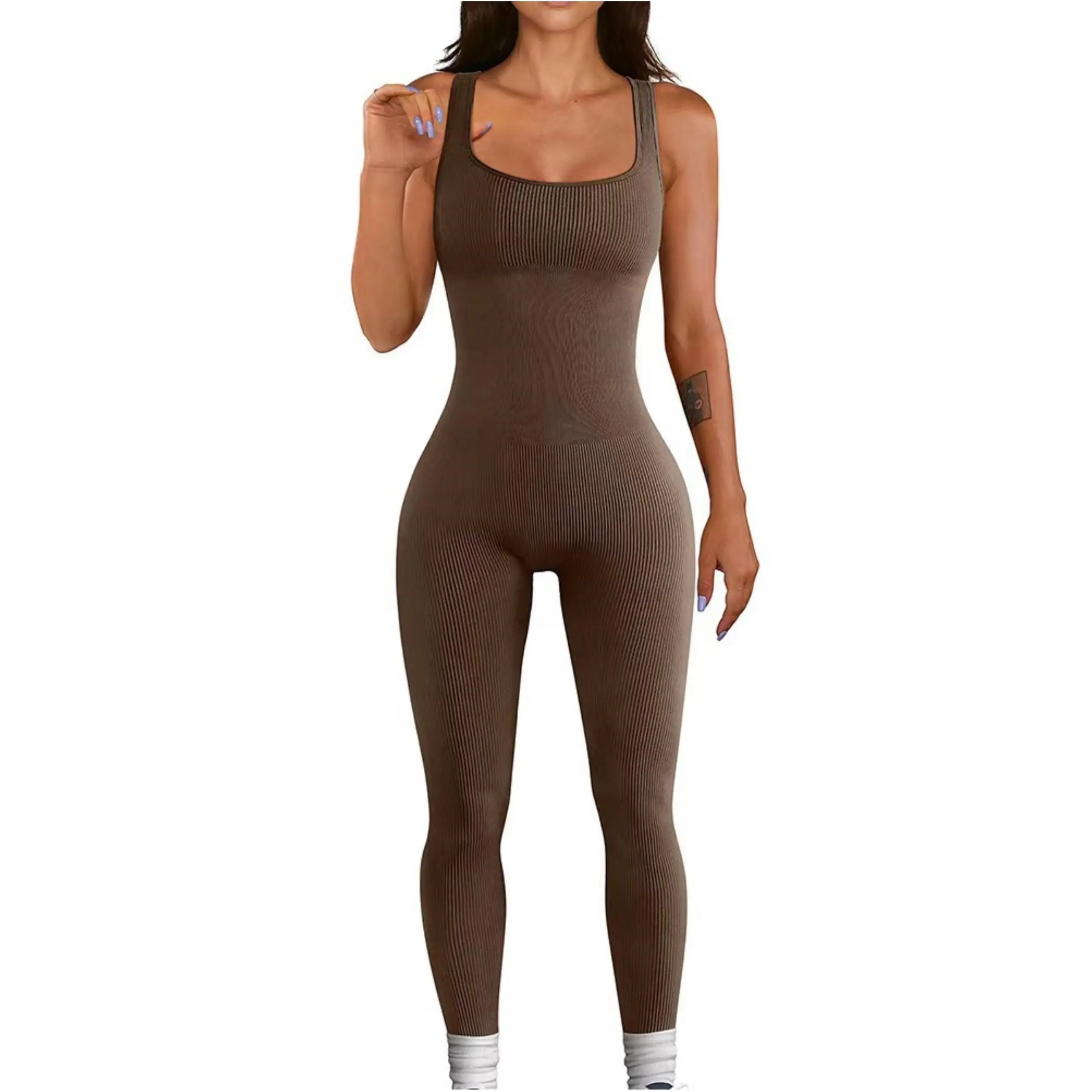 Women's Seamless Ribbed Activewear Romper, Square Neck Sleeveless Bodysuit with Butt Lifting, Athleisure Style Gym Workout Clothes, Activewear Clothing, All Season Activewear