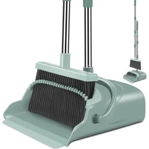 Upgrade Broom and Dustpan Set, Large Size and with Long Handle, Upright,Ideal for Indoor Outdoor Garage Kitchen Room Office Lobby Use (Green)
