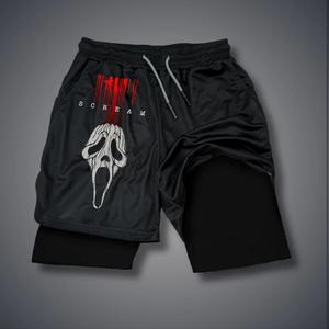 Men's Ghost Print "Halloween" Double-Layer Gym Shorts, Polyester Fabric, Athletic Fit, Slim Cut, Elastic Waistband with Drawstring Belt, Summer Men's Clothing Bottoms for Anime Fans