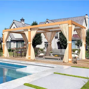 12x20 Outdoor Aluminum Pergola, Wood Grain Louvered Pergola with Adjustable Roof for Patio & Garden