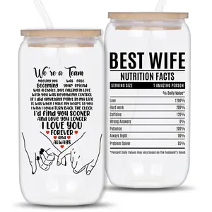 Best Wife Letter Pattern Glass Cup, 1 Count Creative Drinking Cup with Straw & Wooden Lid, Drinking Supplies for Home Office Use, Gift for Wife