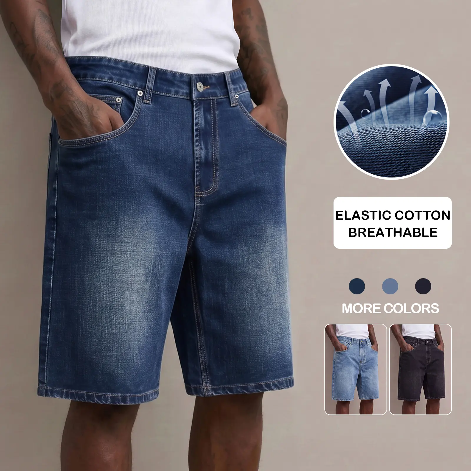 Men’s summer denim shorts — loose, stretchy mid-thigh length; classic wash finish; comfortable everyday fit with cotton denim.