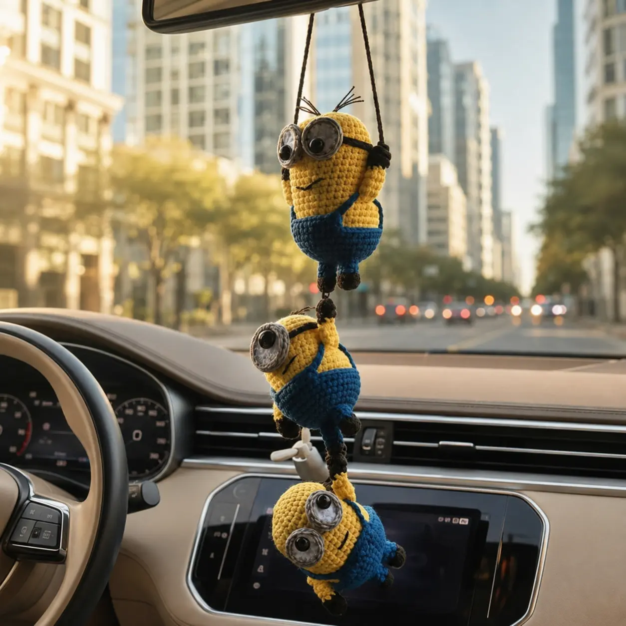 Funny Triple Minions Crochet Car Mirror Hanging - Handmade Amigurumi Character Charm, Gift for Him Her, Car Decor