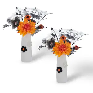 2 Pack Halloween Table Centerpieces, Halloween Floral Arrangement Decor with Vase, Black Orange Artificial Flower Bouquet Halloween Table Decorations for Party Home Mantel Shelf