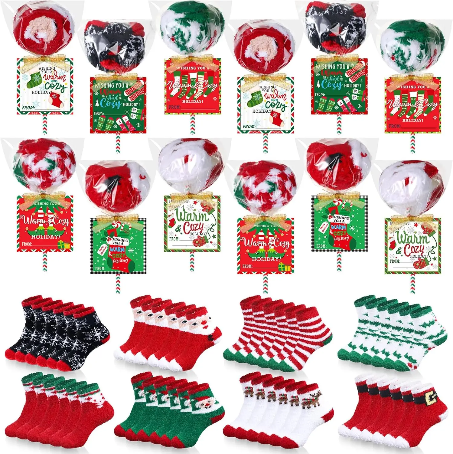 24 Sets Christmas Socks Gifts Crafts for Women Red Green Lollisocks with Cards Tags Stickers Plastic Bags Winter Warm Fuzzy Crew Slipper Socks for Xmas Bag Filler Stuffers Party Favors