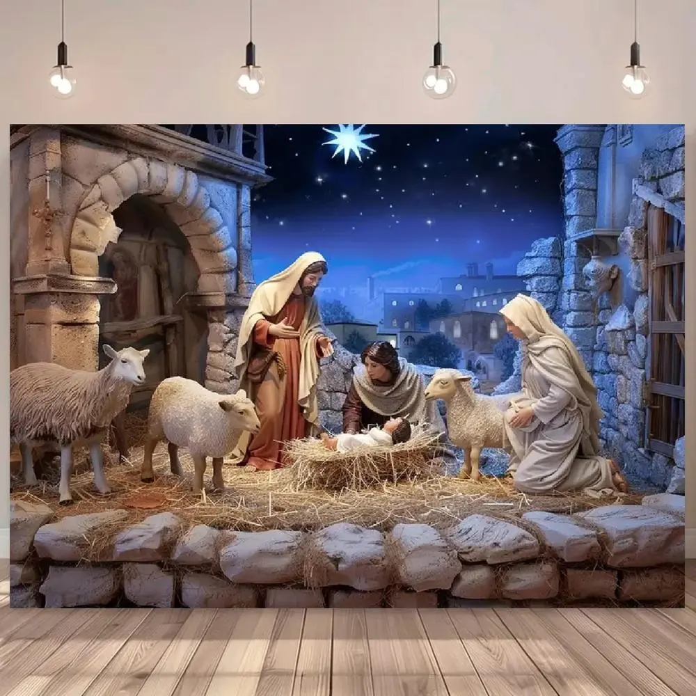 2D Flat Nativity Scene Backdrop - Printed Polyester Party Decoration Supplies, Non-Electric Featherless Multi-Size Wall Hanging for Christmas Church Ceremony Events, Religious Birth Setting Ornament