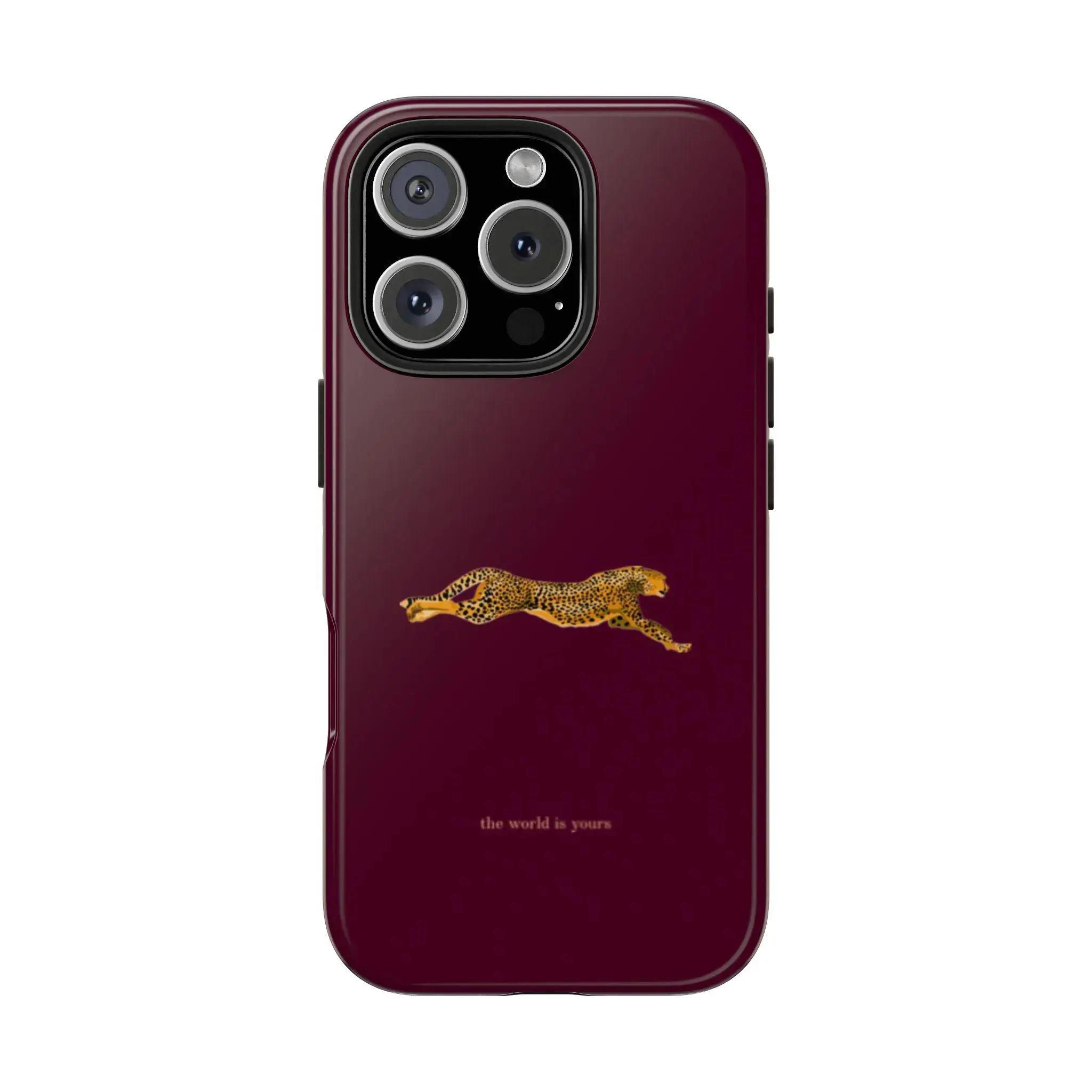 Elegant Cheetah "The World Is Yours" Phone Case, Burgundy Dark Feminine Aesthetic Tough Shockproof Double Layer Cover for iPhone 17/16/15/14/13/12 Pro Max Plus, Luxe Girly Gift