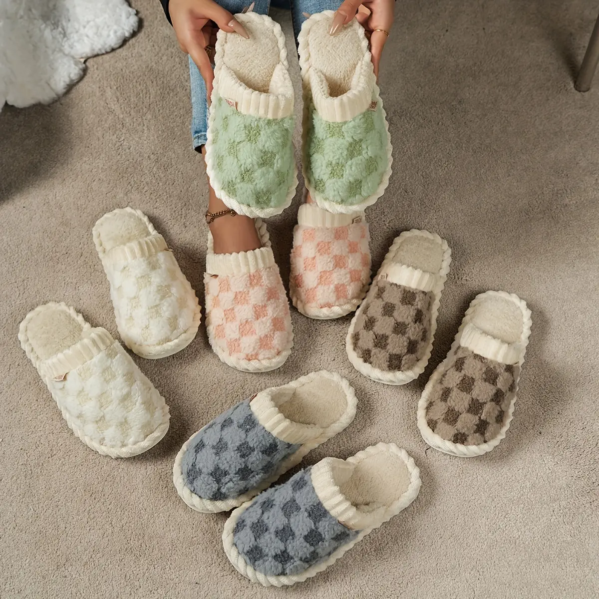 Women's Plush Checkered Fabric Bootie Slippers - Ultra Soft, Warm, Anti-Slip Soles, Slip-On Fluffy Home Cotton Slippers for Safe Winter Indoor Bedroom Footwear (Beige), Indoor Home Slippers, Fluffy Home Slippers