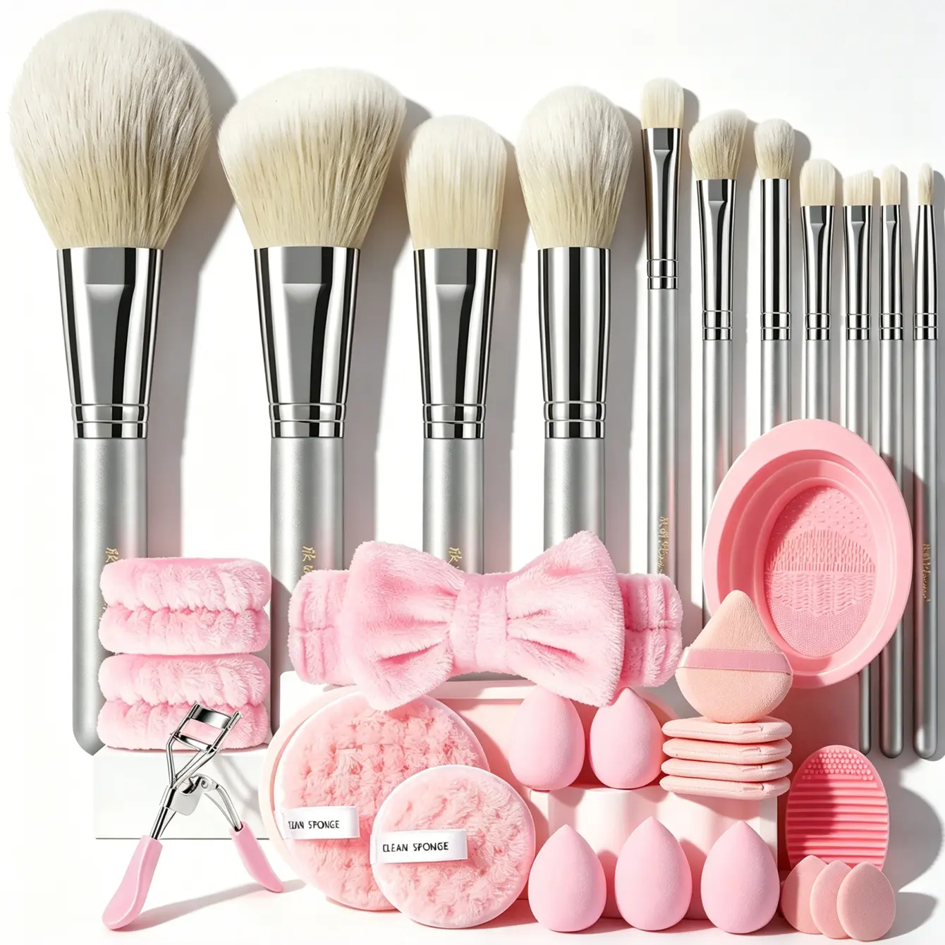 12-Piece Velvet Smoothing Makeup Brush Set for Beginners & Adults - Soft Synthetic Brushes, Pink Beauty Sponges, Powder Puffs, Plush Bow Hair Auxiliary Accessories, Eyelash Curler, Silicone Cleaning Bowl All-In-1 Daily Travel Beauty Kit