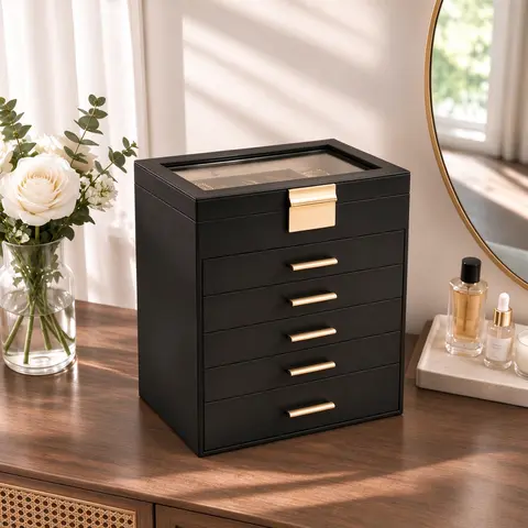 BOOVO PU Leather Multifunctional Large Jewelry Organizer - Cosmetic Storage Box with Dustproof Quick-Find Glass Top, Mirror, Anti-Tarnish Velvet Lining, 3 Smooth-Glide Drawers, Velvet Scratch Guard, Gifts for Girlfriend for Jewelry Organization Needs