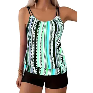 Women’s Two-Piece Tankini Swimsuit with Tummy Control, Boyshort Bottoms, and Blouson Top