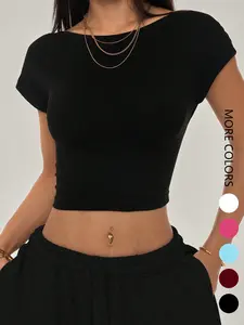 Summer Women's T-Shirt Knit, Basic Short Sleeve Round Neck, Sexy Backless Crop Top, Casual Slim Fit Simple Fashion