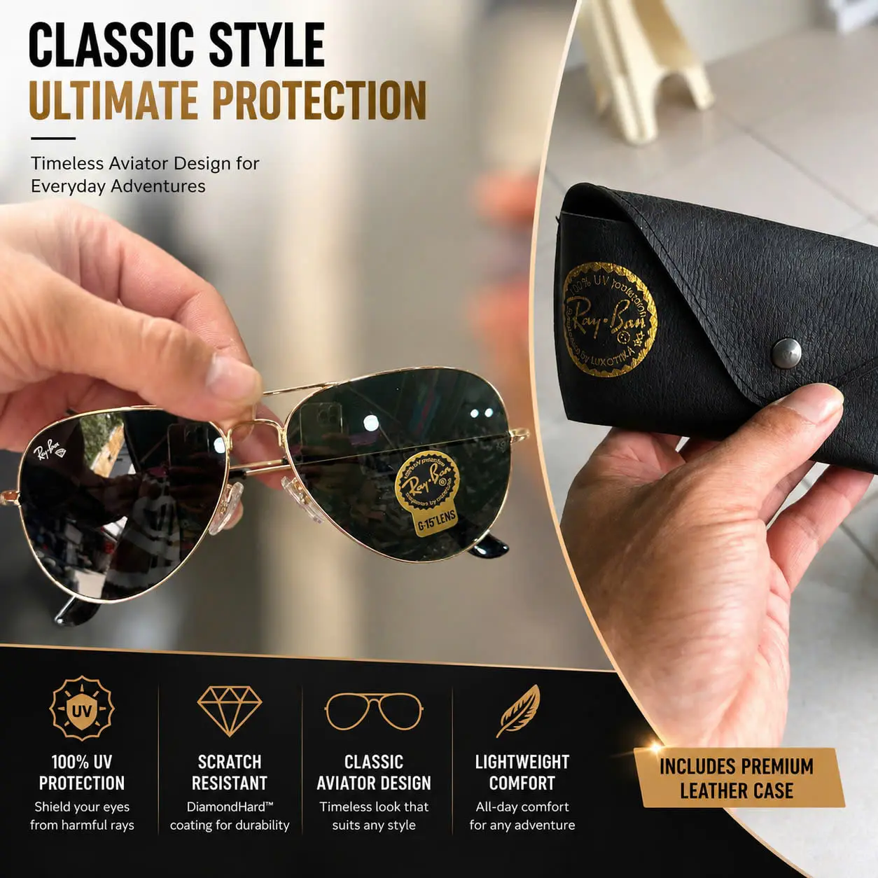 Ray-Ban Black Square Sunglasses – UV Protection Eyewear for Men & Women