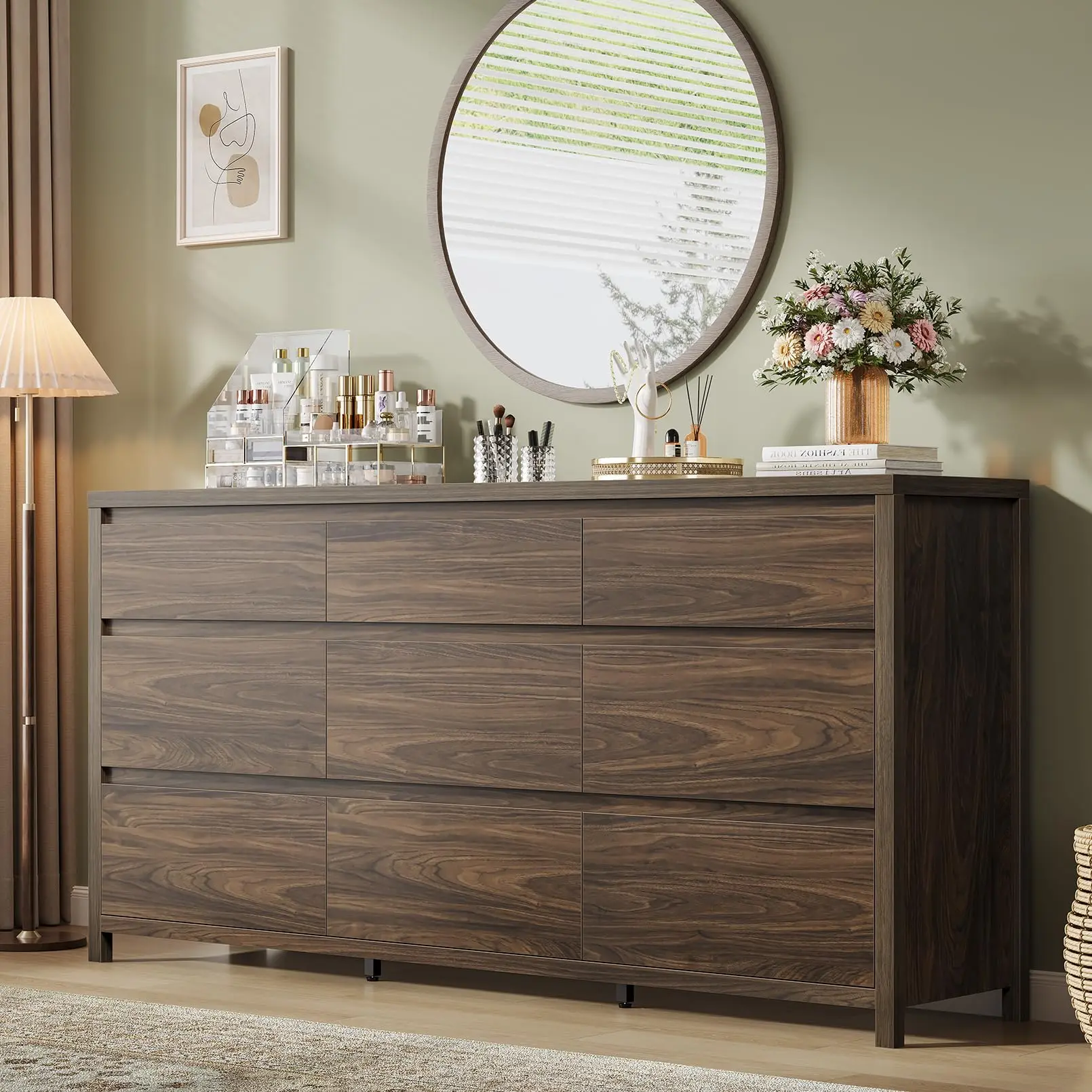 9 Drawer Dresser for Bedroom, 63" Wide Wooden Closet Dresser with Smooth Drawer, Large Dressers & Chests of Drawers for Bedroom Living Room