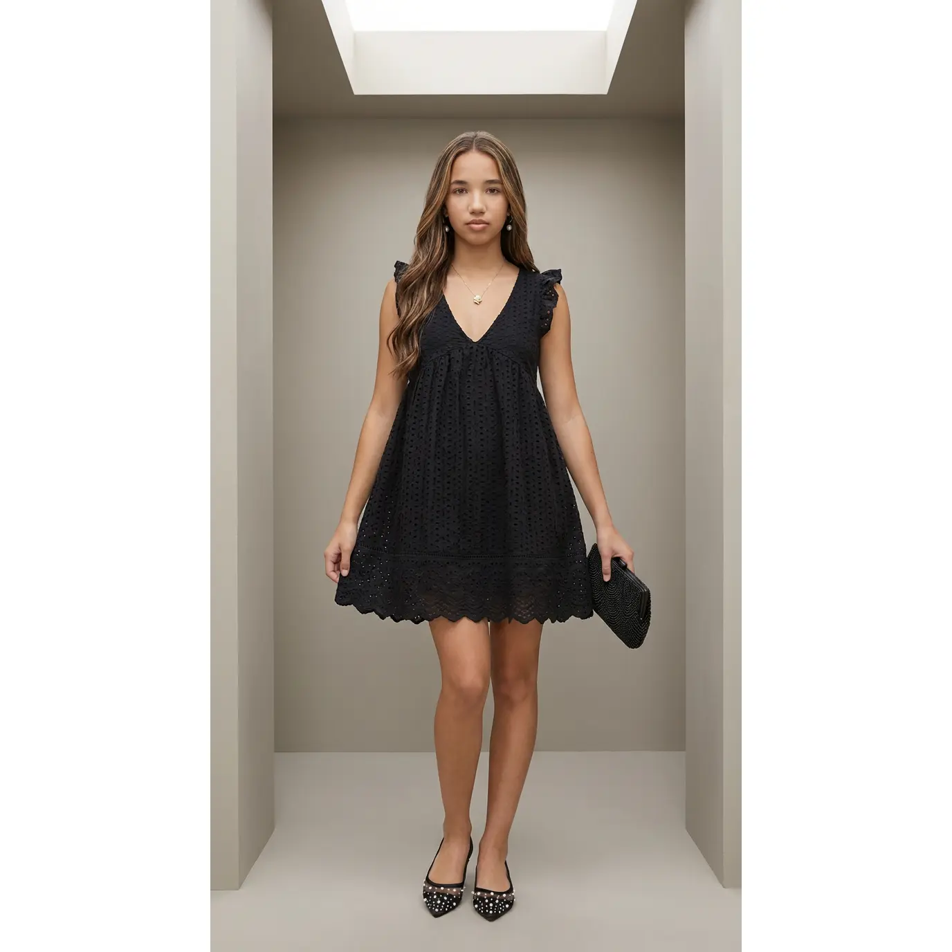 Women's Basic Solid Sleeveless Straight Shoulder Izzy Cotton Eyelet Romper Dress - Light, Breezy, Lady's Pockets (Black)
