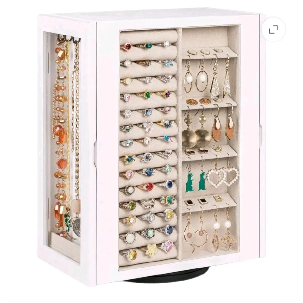 360° Rotating Jewelry Box for Women, Wooden Large Jewelry Organizer with 5 Drawers, Vertical Open Design Jewelry Organizers and Storage for Earring Ring Necklace Bracelet