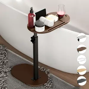 Bathtub Tray Table with Adjustable Height, Freestanding Bath  Side Table for Tub Against Wall, Tub Shelf with  Glass Phone Holder, Functional Tray -  Protected (Brown)