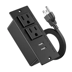 Small Size Recessed Power Grommet USB A Power Strip Flush Mount with 2 AC Outlets 2 USB Ports 4.92FT Cord for Hotel, Office, Home, cabinets, desks, kitchen, nightstands, countertop, workbenches, and shelves