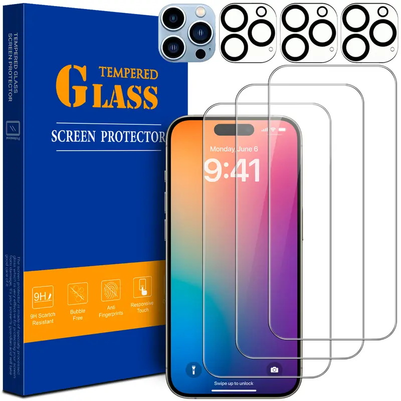 6 Pcs/set Screen Protector Tempered Glass Camera Lens Protector For iPhone 17 16 15 14 13 12 11 Pro Max, HD Clear, Scratch Resistant, Case Friendly Ultra Resistant