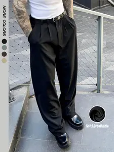 Men's Fashion Loose Fit Dress Pants Casual Solid Color Formal Suit Pants Elegant Wide Leg Elastic Waist Draping Effect Commuting Pants Work Life Clubwear Plain Flat-Front Business Office Pants
