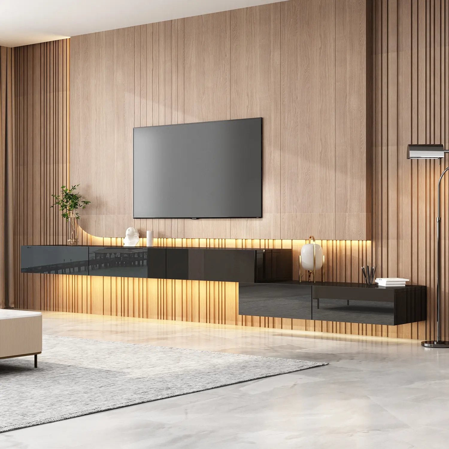 FUFU&GAGA Floating TV Console Media Console with High Gloss Drawers & 3 Light Modes, Modern Wall Mounted TV Stand Floating Media Center for Living Room Black
