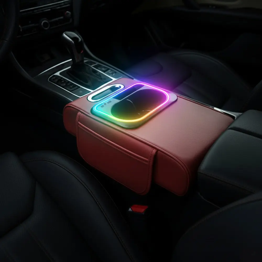 Car Multi-Functional Handrest Storage Cushion, Fast Charging Type C & Type a Dual Ports, Music Sync RGB Ambient Light, Easy Install, Car Armrest Box Accessories, Car Console Organizer, Car Organization Accessories