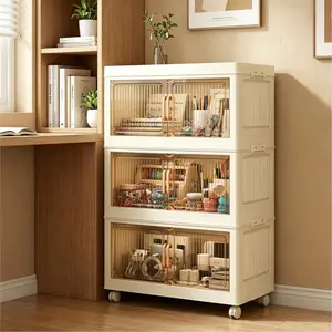 Home Transparent Visible Storage Cabinet Stackable Combined Design No Assembly Needed Movable With Wheels Multifunctional Organizer for Toys Snacks Books Sundries Bedroom Living Room Kitchen