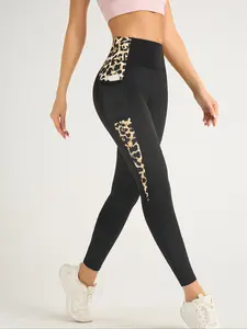 Women's Patchwork Print Yoga Pants, High Waist Sporty Design, Tight-Fitting Mesh Fabric with Pockets, All Season Wearable, Leopard Print Leggings, Athleisure Style Bottoms