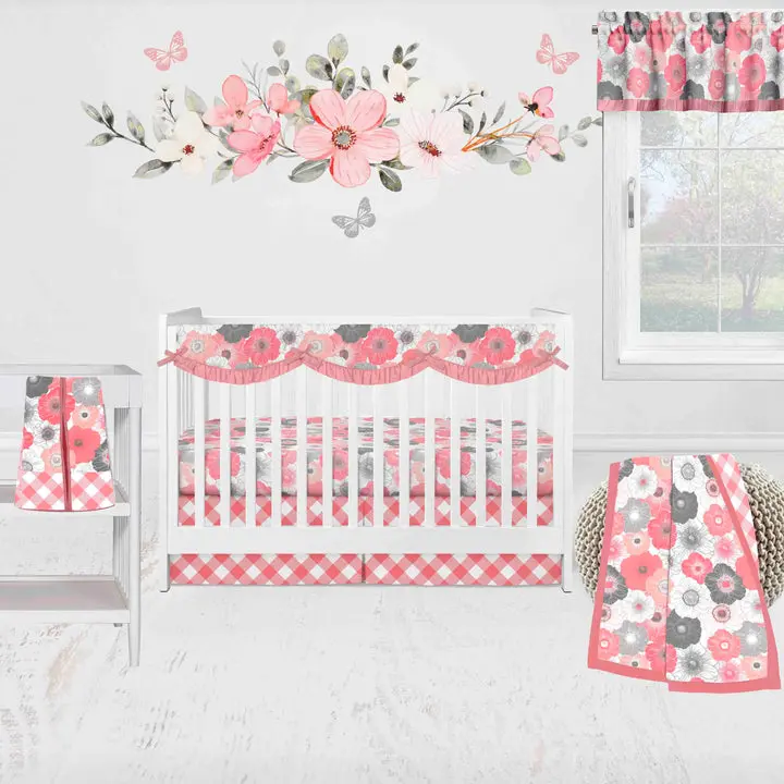 Bacati Watercolor Floral 6-Piece Crib Bedding Set With Long Rail Guard Cover - Coral/Gray