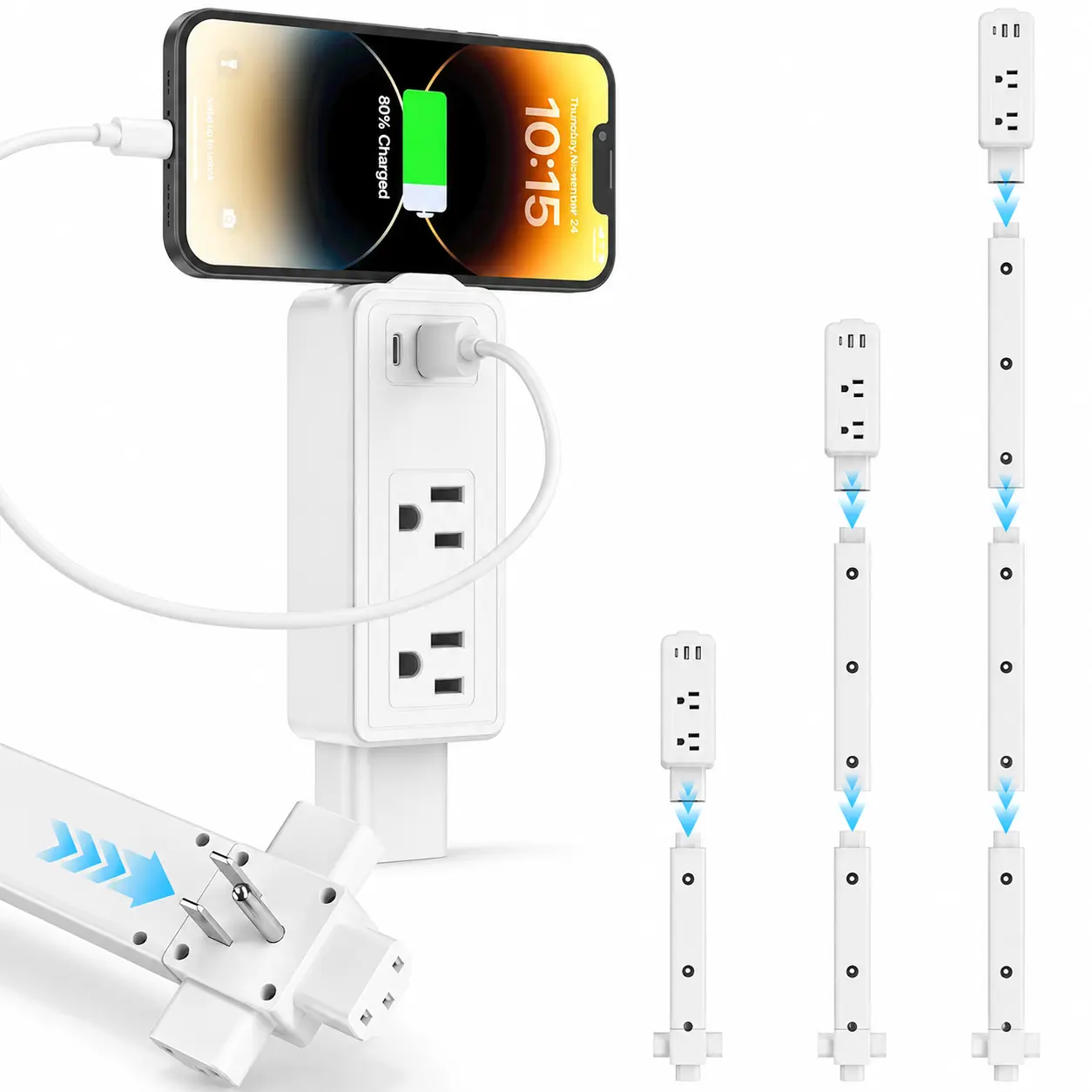 5-in-1 Electrical Outlet Extender Stick - 2 AC Outlets, USB-C & 2 USB-A Ports, Adjustable Disassembly 17.7-36.1in 4-Direction Extension, ABS+PC, Damage-Free Velcro Command Straps for Nightstands