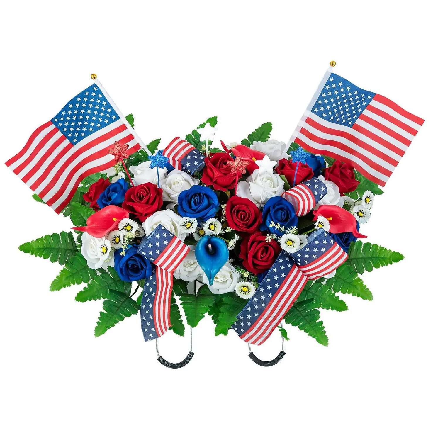 Memorial Day Decorations for Cemetery: Patriotic Red White Blue Headstone Flower Saddle Outdoor Artificial Velet Roses Cemetery Flowers for Grave with Flags for 250th Birthday of America