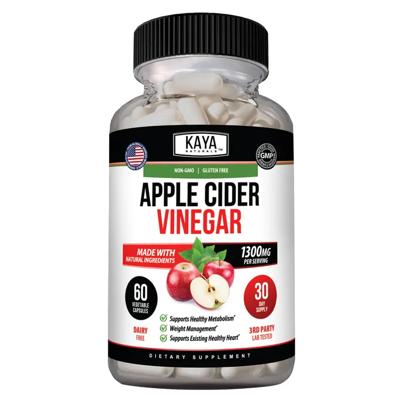 Kaya Naturals Healthy ACV Vitamins Capsules - Natural Ingredients, Gluten Free, GMO Free, Metabolism Support, Cholesterol Management, Blood Sugar Regulation, Antibacterial/Antifungal Properties, Immune System Support, Fitness Dietary Supplement