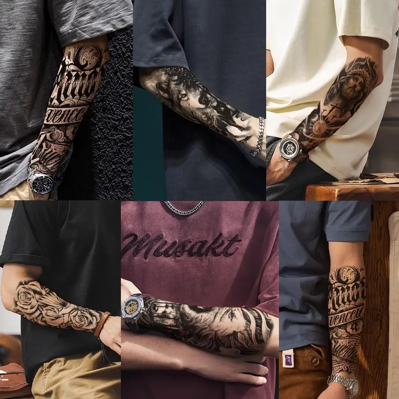 36 Sheets Large Black Temporary Tattoo Stickers with Tribal Wolf Tiger Lion Skull Designs for Men Women 12 Big & 24 Tiny Fake Tattoos for Arms Chest Shoulders