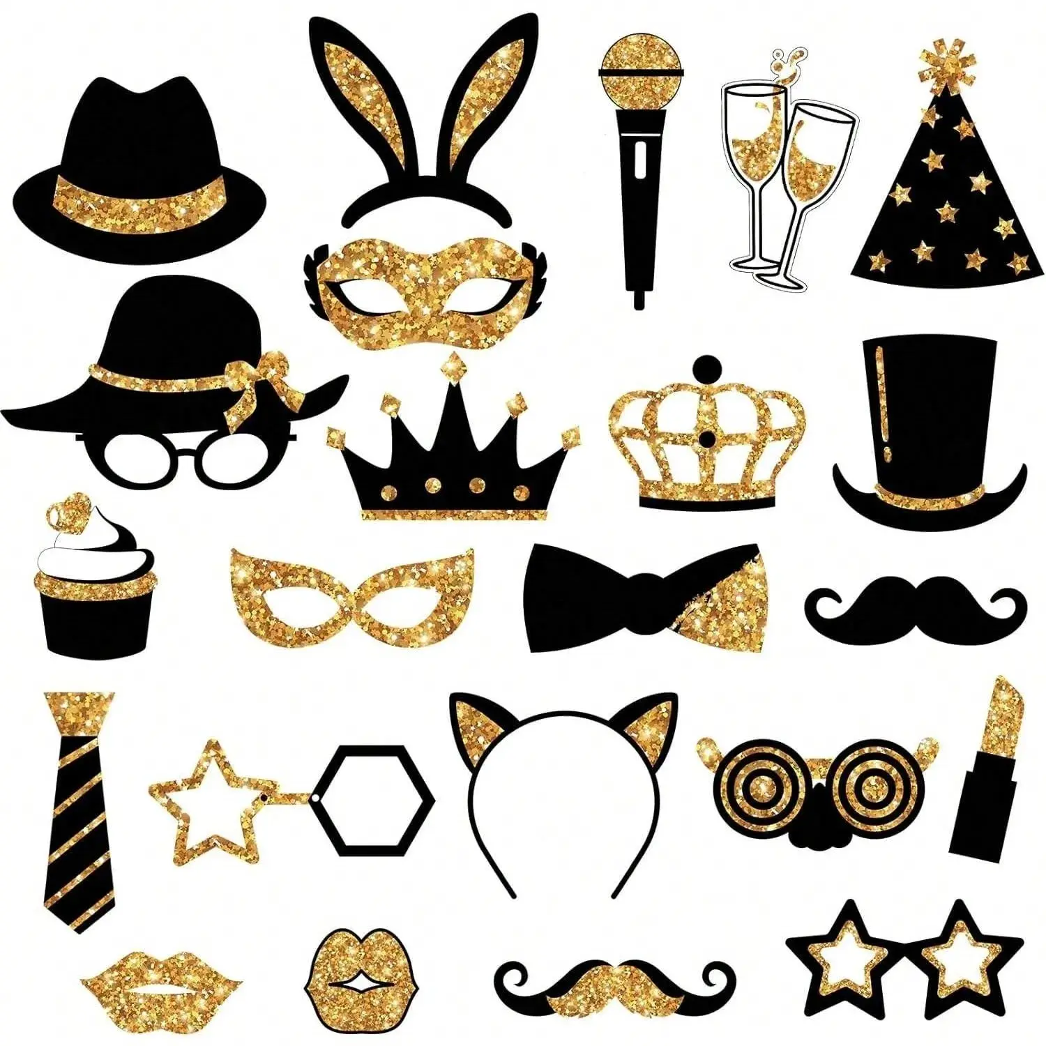 24-Piece Party Photo Booth Props - Golden Hats, Lipstick, Tie, Crowns Accessories for Birthday, Wedding Festive & Party Supplies Including Masks