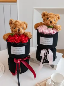 Artificial Rose Bouquet with Cute Bear, Adorable Toy, Home Decor for Bedroom, Wedding, Parties and Birthday, Valentine's Day Gift, Decoration