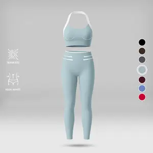 NVWA Women's 2-Piece Gym Matching Set, Summer Color-Block Backless Halter Camisole & Butt-Lifting Leggings, Skin-Friendly Breathable Fabric, Suitable for Yoga & Workout, Ideal for Outdoor Fun, Two Piece Set