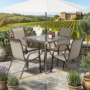 5 Pieces All Weather Patio Dining Set, 31.3" Square Table with Umbrella Hole & 4 Stackable Ergonomic Textilene Chairs, Heavy Duty Metal Frame Outdoor Furniture for Garden Lawn Poolside Backyard