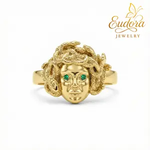 Eudora 925 Sterling Silver Medusa Ring 18K Gold Plated Greek Mythology Gorgon Serpent Adjustable Open Band Protective Statement Jewelry