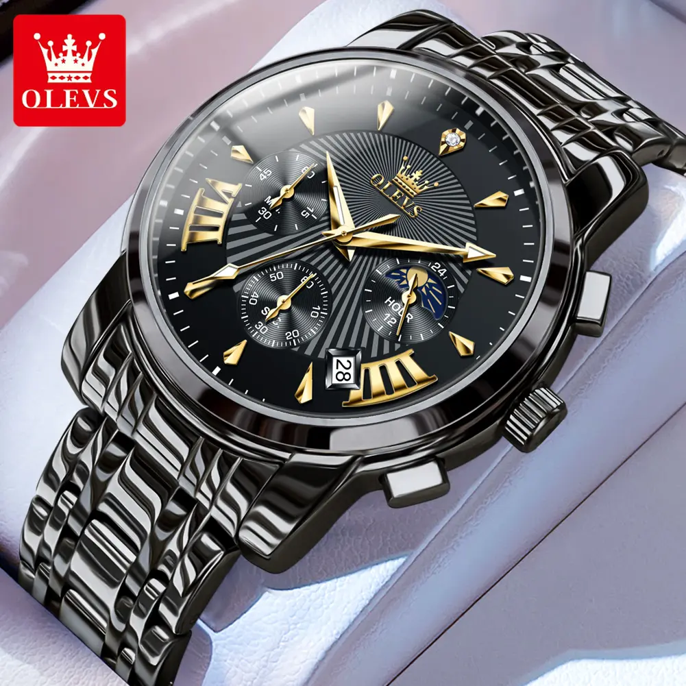 OLEVS Original Brand Men's Multifunctional Chronograph Watch - 30M - 50M Waterproof, Adjustable Stainless Steel, Luminous Quartz, Calendar Feature, Multiple Colors, Free Box, 3 Years Warranty (Model 2892) - Modern Fashion Men's Wristwatch, Modern Fashiona